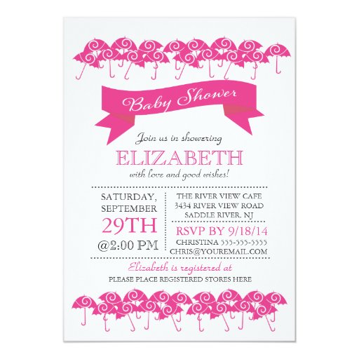 Modern Fuchsia Pink Umbrella Girls Baby Shower 5x7 Paper Invitation Card