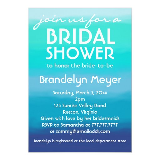 Modern Teal Blue Ocean Bridal Shower Invitations 5" X 7" Invitation Card