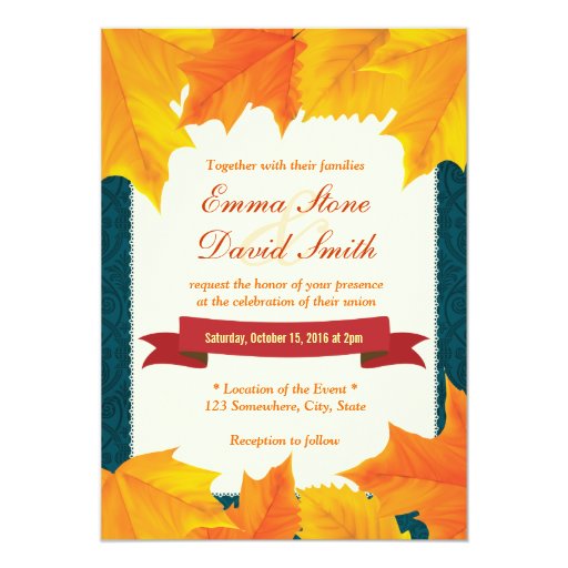 Teal Damask Golden Leaves Fall Wedding Invitations 5" X 7" Invitation Card (front side)