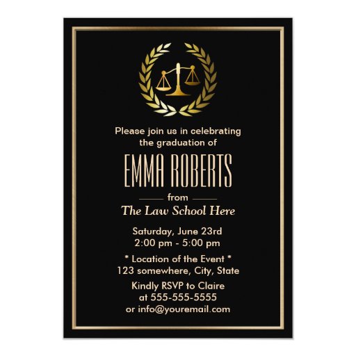 Formal Black & Gold Law School Graduation 5x7 Paper Invitation Card