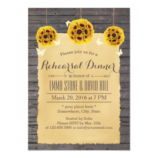 Rustic Sunflower & Butterfly Wood Rehearsal Dinner 5x7 Paper Invitation Card