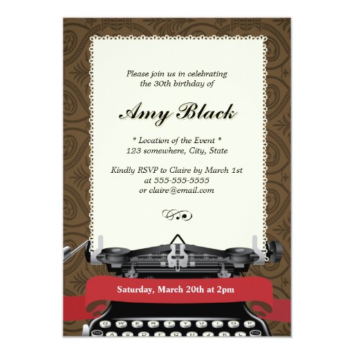 Stylish Damask Typewriter Birthday Invitations 5" X 7" Invitation Card