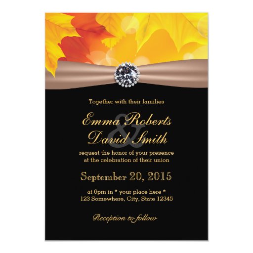 Classy Maple Leaves & Diamond Autumn Wedding 5x7 Paper Invitation Card (front side)