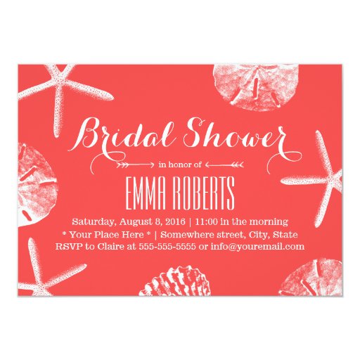Coral Red Beach Theme Seashells Bridal Shower 5x7 Paper Invitation Card (front side)