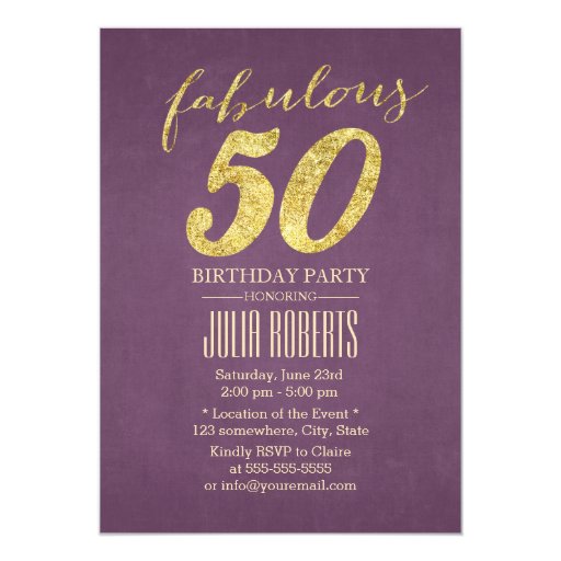 Classy Purple & Gold Fabulous 50 Birthday 5x7 Paper Invitation Card
