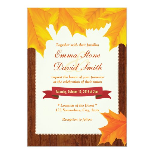 Classy Maple Leaves Wooden Fall Wedding Invitation 5" X 7" Invitation Card (front side)