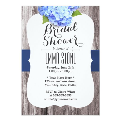Elegant Blue Hydrangea Wood Bridal Shower 5x7 Paper Invitation Card