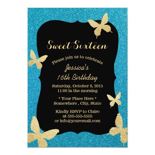 Modern Gold Glitter Butterflies Teal Sweet 16 5x7 Paper Invitation Card (front side)