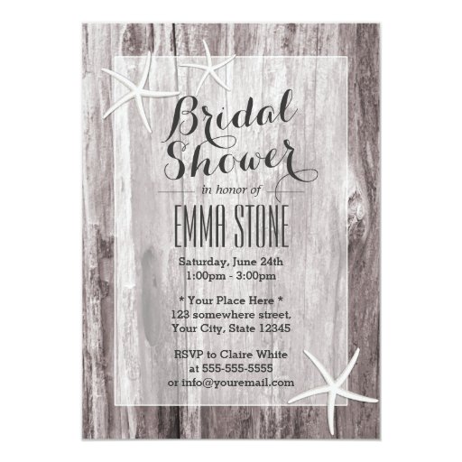 Rustic Beach Driftwood & Starfish Bridal Shower 5x7 Paper Invitation Card (front side)