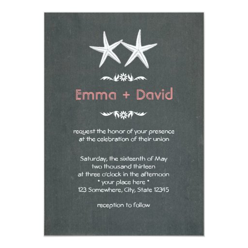 Starfish Couple Chalkboard Wedding Party Invites 5" X 7" Invitation Card (front side)