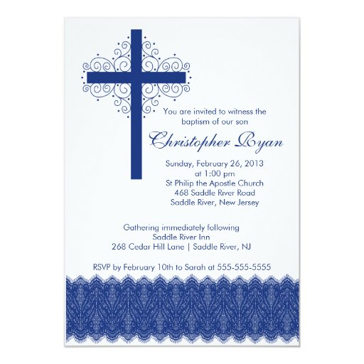 Boy Elegant Lace  Baptism | Christening Cross 5x7 Paper Invitation Card (front side)