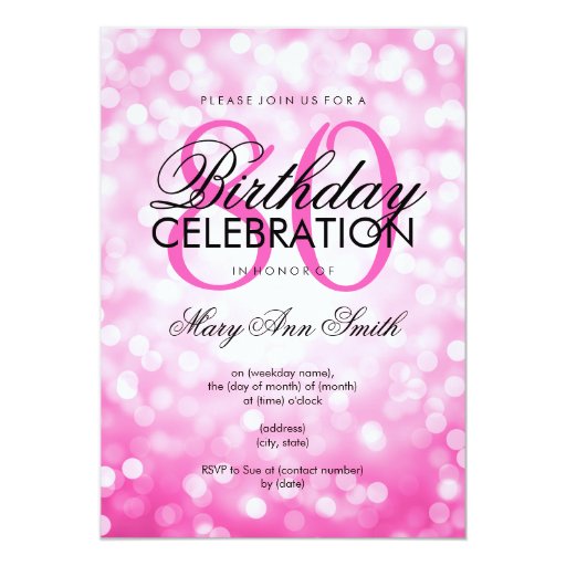Elegant 80th Birthday Party Pink Glitter Lights 5x7 Paper Invitation Card (front side)