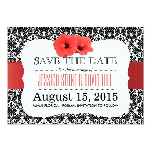 Classy Damask Red Hibiscus Save The Date 5x7 Paper Invitation Card (front side)