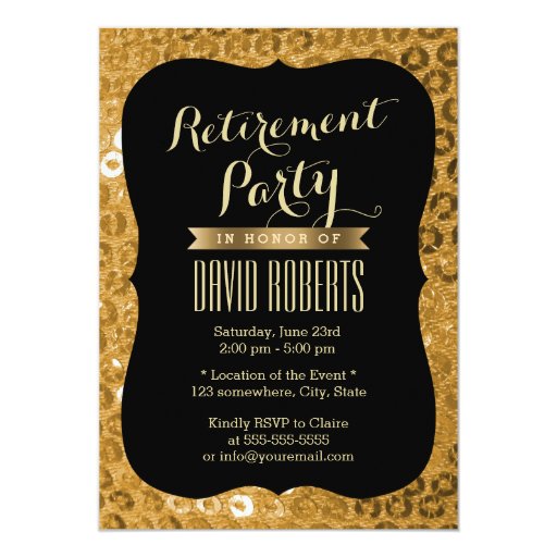 Modern Black & Gold Paillettes Retirement Party 5x7 Paper Invitation Card (front side)