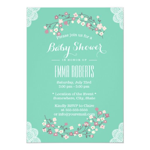 Spring Green Floral & Lace Baby Shower Invitations 5" X 7" Invitation C...