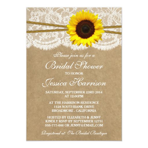 Rustic Sunflower Kraft Lace & Twine Bridal Shower 5x7 Paper Invitation Card