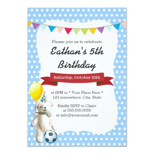 Cute Soccer Bear Blue Polka Dots Birthday Party 5x7 Paper Invitation Card (front side)