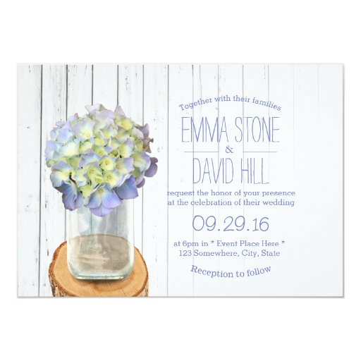 Country Rustic Mason Jar & Hydrangea Wedding 5x7 Paper Invitation Card (front side)