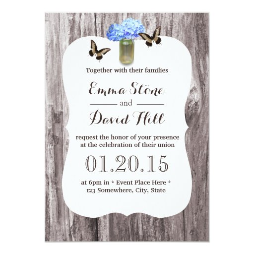 Rustic Mason Jar Blue Hydrangea Butterfly Wedding 5x7 Paper Invitation Card