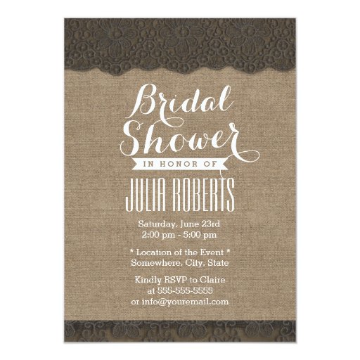 Dark Lace Rustic Burlap Bridal Shower 5x7 Paper Invitation Card