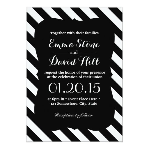 Classy Black & White Diagonal Stripes Wedding 5x7 Paper Invitation Card