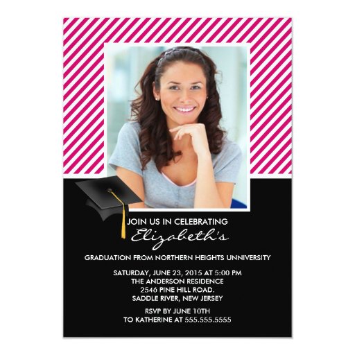 Modern Pink Stripe Graduation Party Announcement 5" X 7" Invitation Card