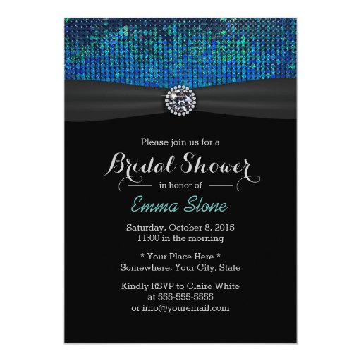 Chic Teal & Blue Paillettes Diamond Bridal Shower 5x7 Paper Invitation Card (front side)