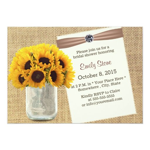 Country Sunflower & Mason Jar Burlap Bridal Shower 5x7 Paper Invitation Card (front side)