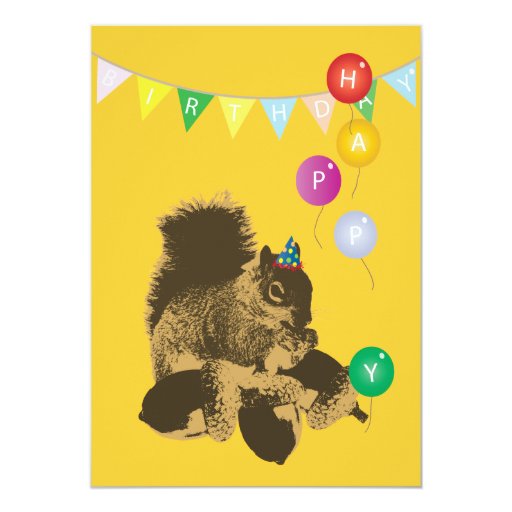 Cute Squirrel & Nuts Yellow Birthday Invitations 5" X 7" Invitation Car...
