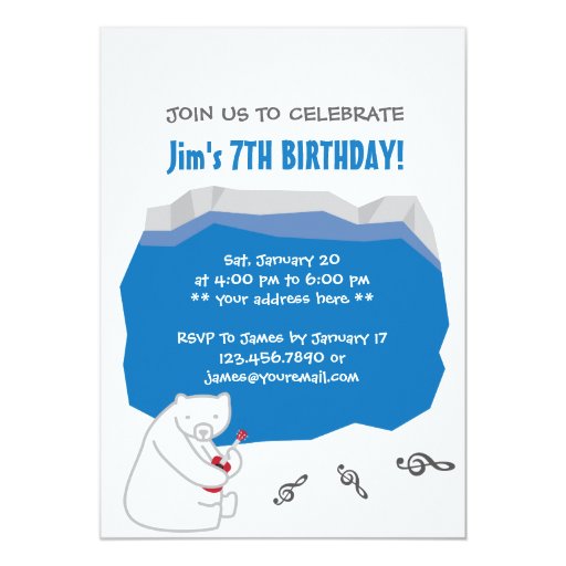 Uke Polar Bear 7th Birthday Party Invitation 5" X 7" Invitation Card