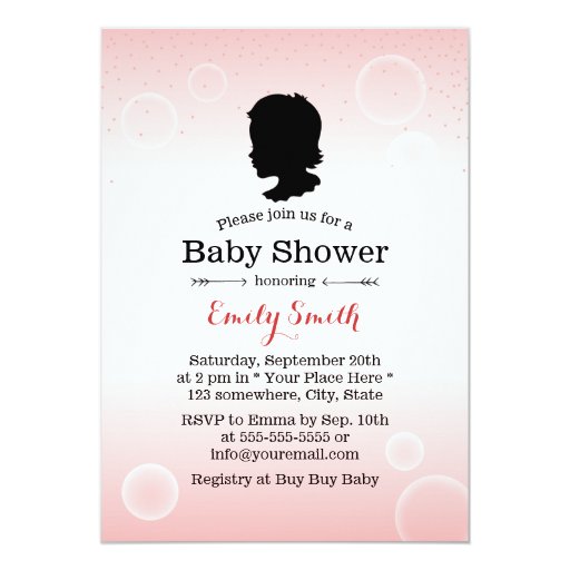 Cute Girl Silhouette & Bubbles Baby Shower 5x7 Paper Invitation Card