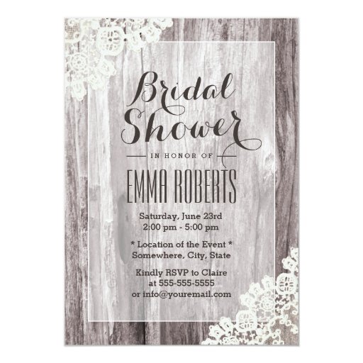 Rustic Laced Barn Wood Bridal Shower 5x7 Paper Invitation Card (front side)