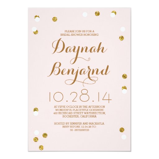 Blush pink & gold confetti modern bridal shower 5x7 paper invitation card (front side)