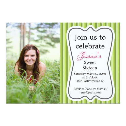 Sweet Sixteen Modern Stripes Green Girl's 5x7 Paper Invitation Card (front side)