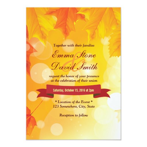 Golden Autumn Leaves Fall Wedding Invitations 5" X 7" Invitation Card (front side)