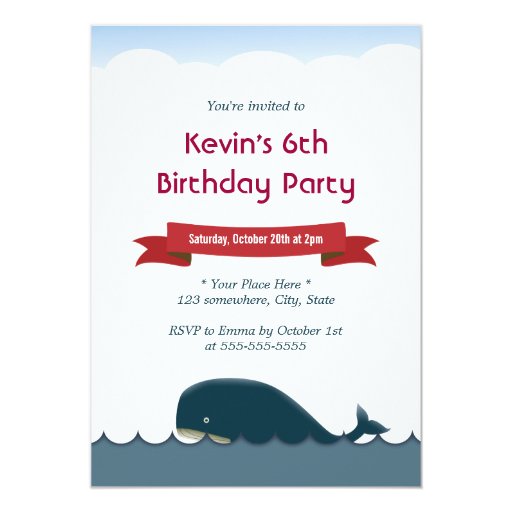 Cute Blue Whale & Sea Birthday Invitations 5" X 7" Invitation Card (front side)