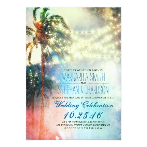 string lights palm trees beach wedding invite 5" x 7" invitation card (front side)