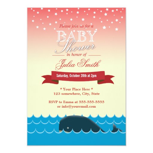 Cute Whale Under Pink Star Sky Baby Shower 5x7 Paper Invitation Card