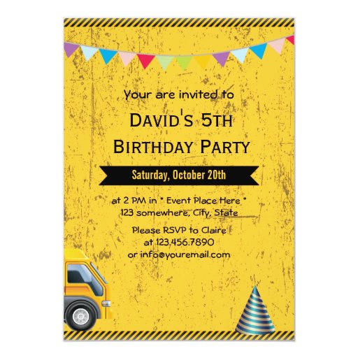 Grunge Construction Birthday Party Invitations 5" X 7" Invitation Card (front side)