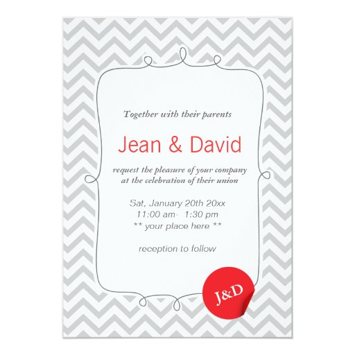 Red Label Gray Chevron Stripes Wedding Invitation 5" X 7" Invitation Card