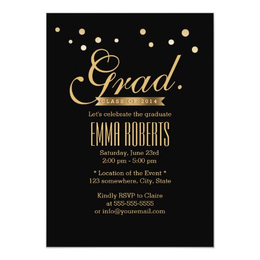 Black & Gold Confetti Dots Graduation Announcement 5" X 7" Invitation Card (front side)