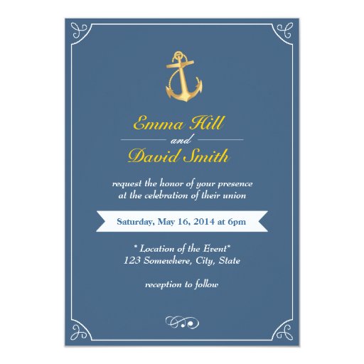Gold Anchor Royal Blue Nautical Wedding Invites 5" X 7" Invitation Card (front side)