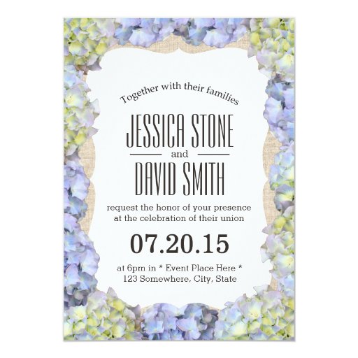 Elegant Hydrangea Flowers Burlap Wedding 5x7 Paper Invitation Card