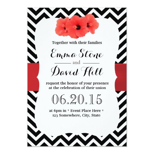 Elegant Chevron Red Hibiscus Wedding Invitations 5" X 7" Invitation Card