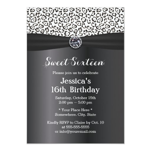 Modern Snow Leopard Black Ribbon Sweet 16 5x7 Paper Invitation Card (front side)