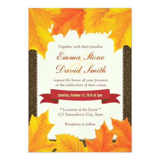 Brown Damask Autumn Leaves Wedding Invitations 5" X 7" Invitation Card (front side)