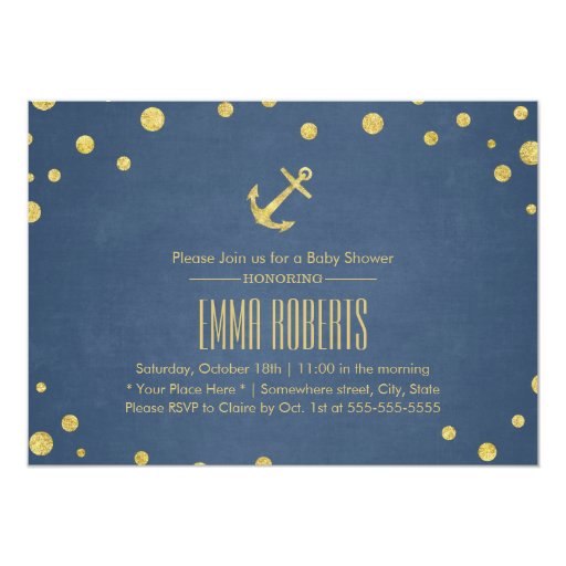 Navy Blue Gold Anchor Nautical Baby Shower 5x7 Paper Invitation Card (front side)