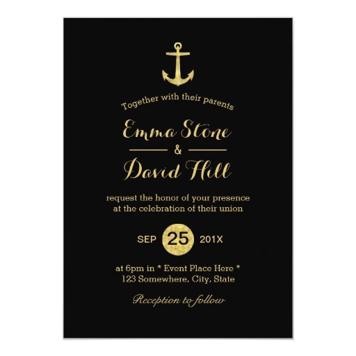 Modern Gold Anchor Nautical Wedding Invitations (front side)