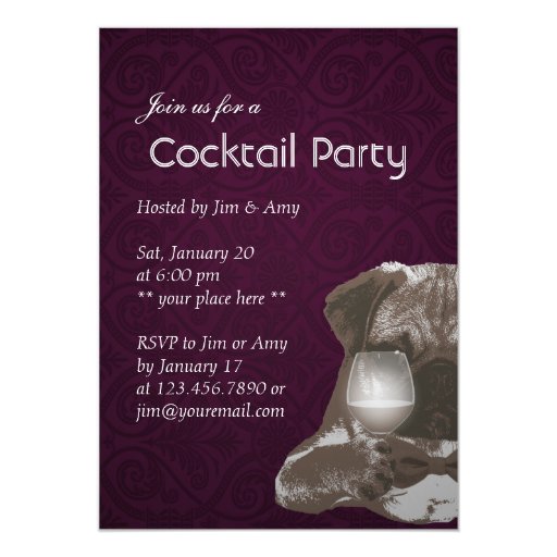 Purple Pug & Fine Wine Cocktail Party Invitations 5" X 7" Invitation Card (front side)