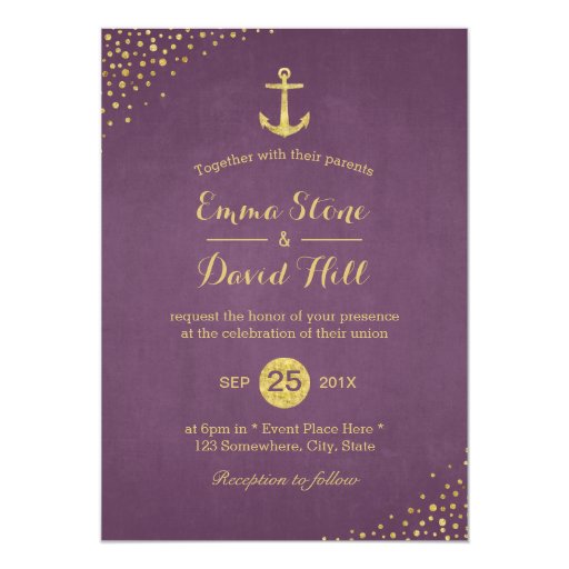 Modern Purple Gold Anchor Nautical Wedding 5x7 Paper Invitation Card (front side)